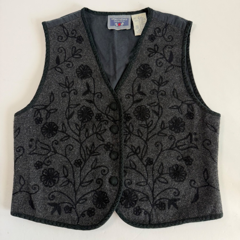Vintage Wool Blend Vest Large Gray Black Floral Embroidered Whimsygoth Cottage
